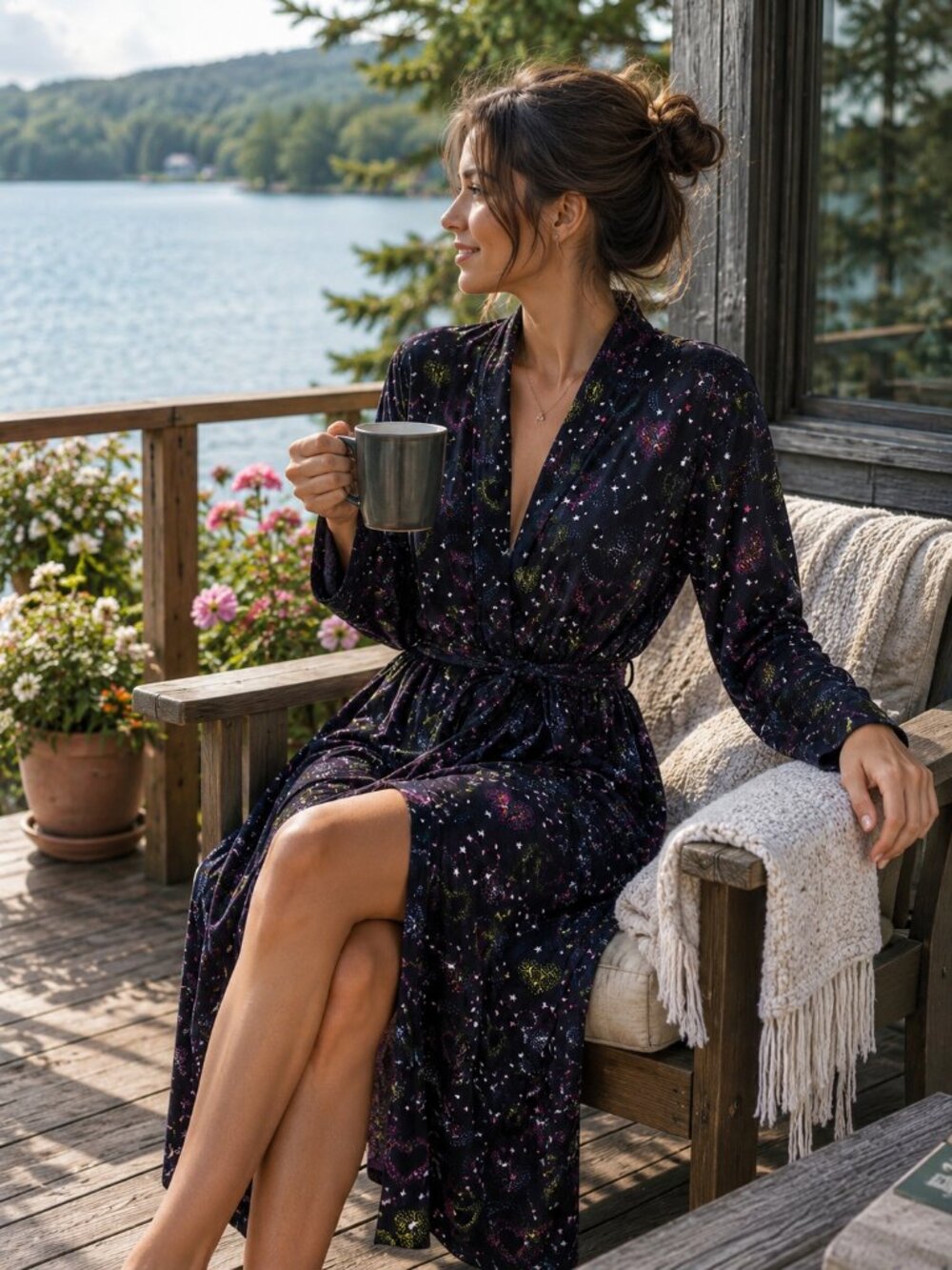 Black Heart Print Cozy Tie Waist Robe Soft Stretch Loungewear. Size M to XL